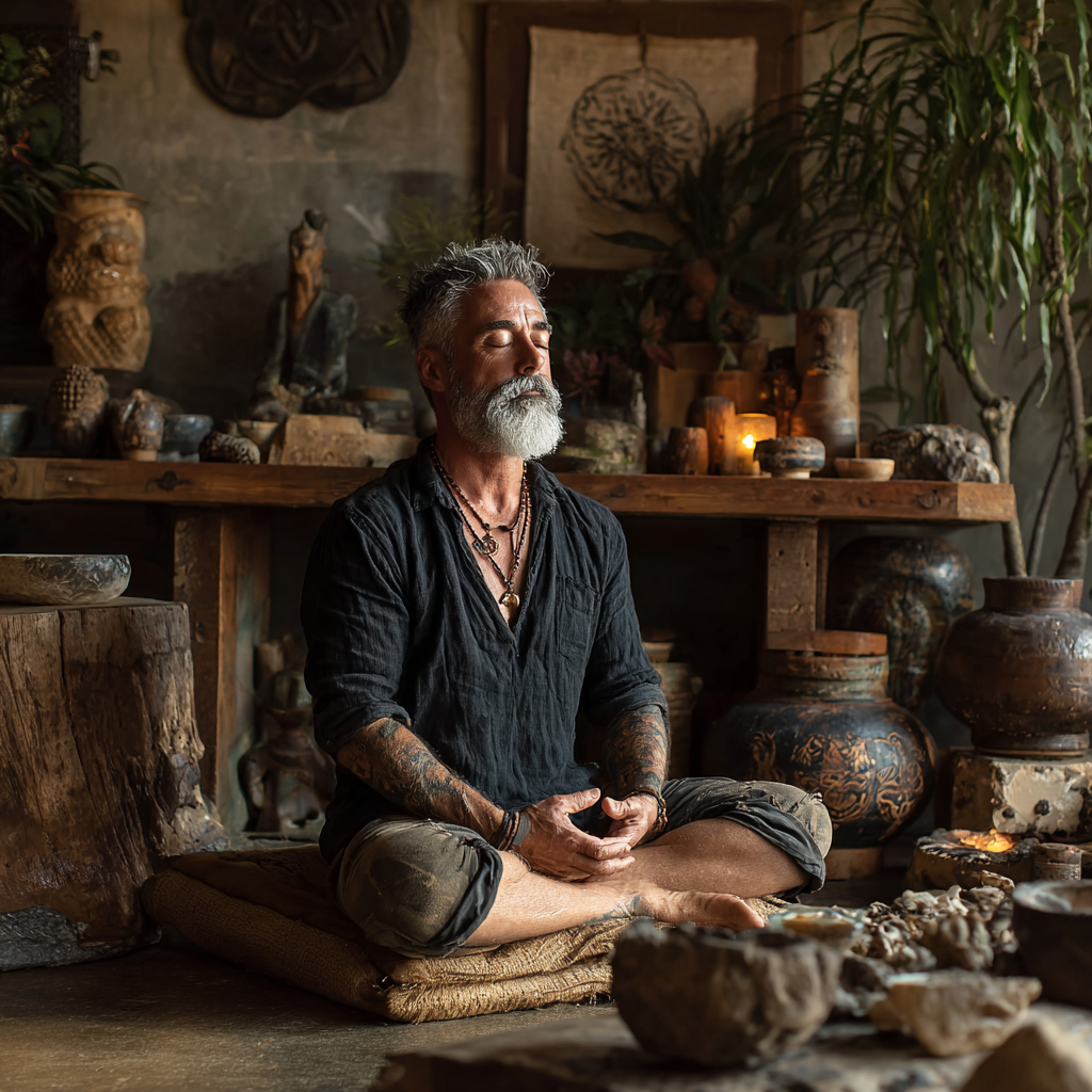 Чоловік 60 років медитує в позі лотоса в мирній атмосфері студії duntraval, оточений природними елементами