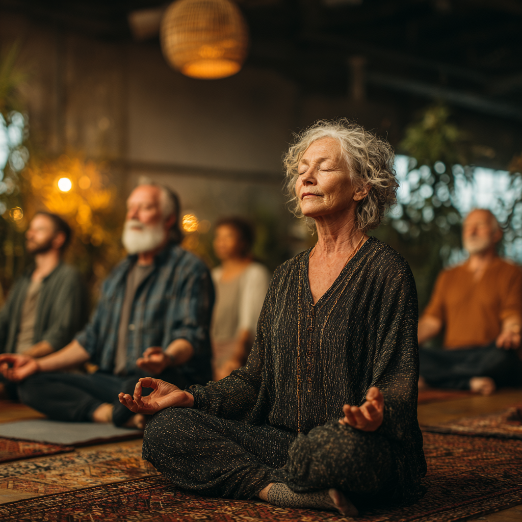 Група людей віком 50-60 років медитує в позі лотоса в затишній студії duntraval, оточені м'яким світлом та природними елементами